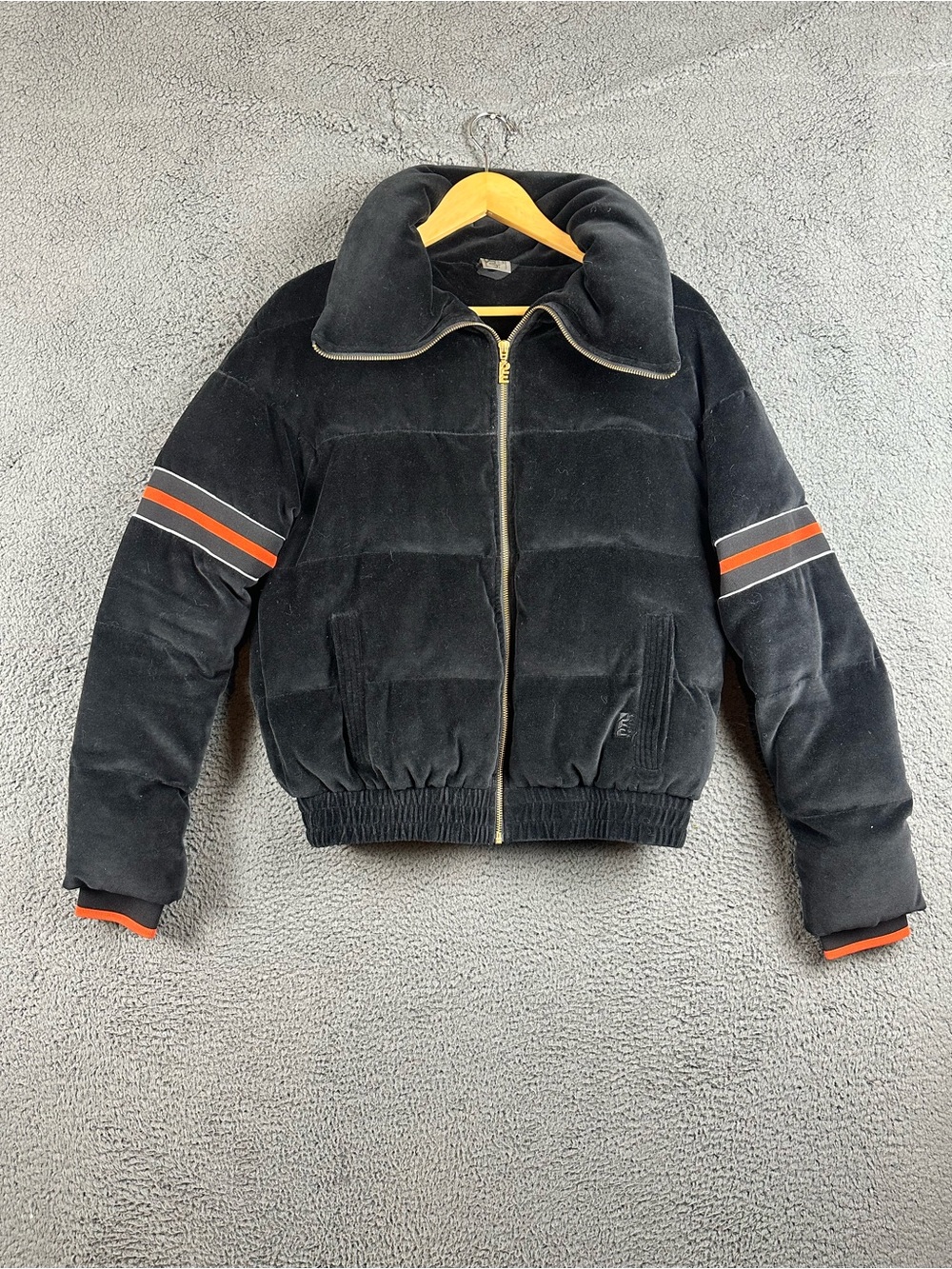 PE Nation Women Black Velvet Puffer Jacket Racing Stripe Funnel Neck Small